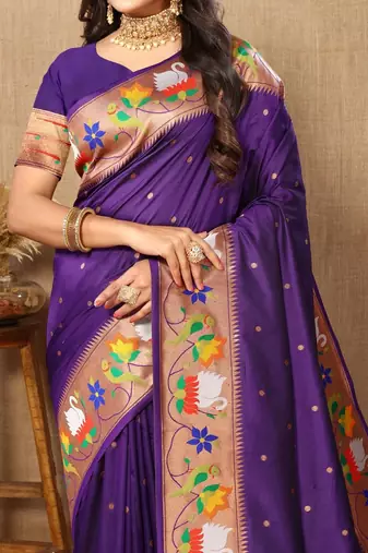 purple woven design zari silk blend paithani saree