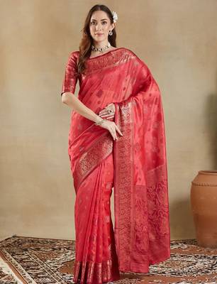 pink woven design zari organza banarasi saree 1