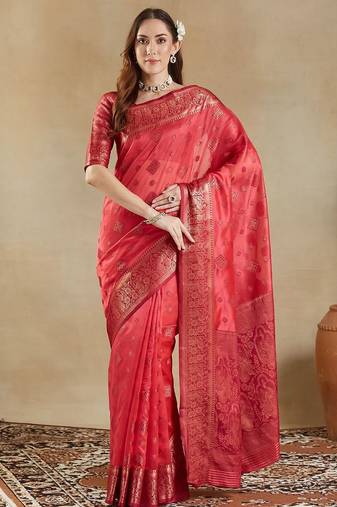pink woven design zari organza banarasi saree