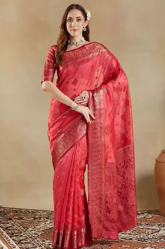 pink woven design zari organza banarasi saree