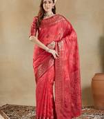 pink woven design zari organza banarasi saree