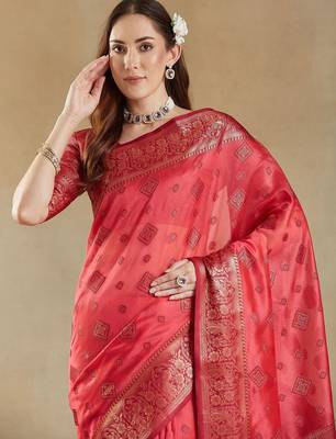pink woven design zari organza banarasi saree 2