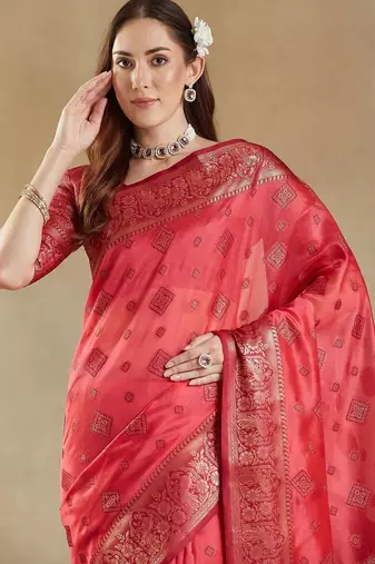 pink woven design zari organza banarasi saree
