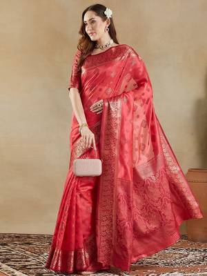 pink woven design zari organza banarasi saree 3