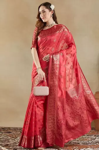 pink woven design zari organza banarasi saree