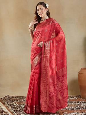pink woven design zari organza banarasi saree 4
