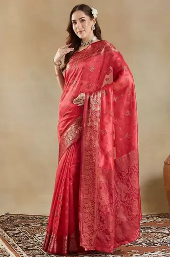 pink woven design zari organza banarasi saree