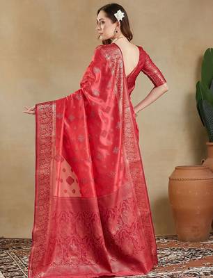 pink woven design zari organza banarasi saree 5