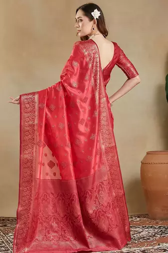 pink woven design zari organza banarasi saree