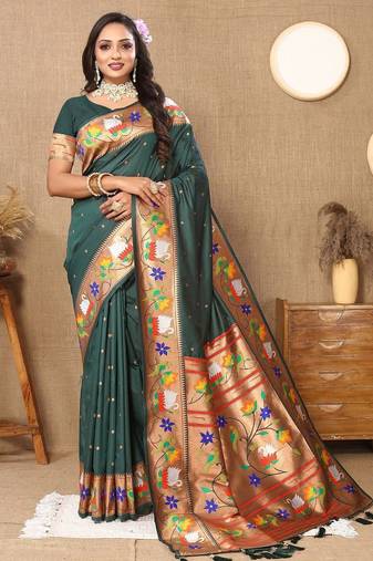 green woven design zari silk blend paithani saree