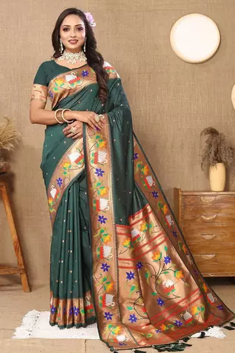 green woven design zari silk blend paithani saree