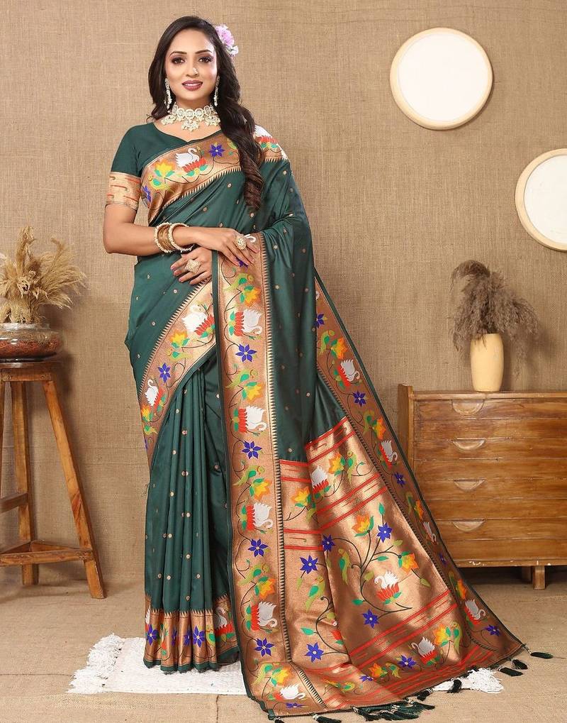 green woven design zari silk blend paithani saree