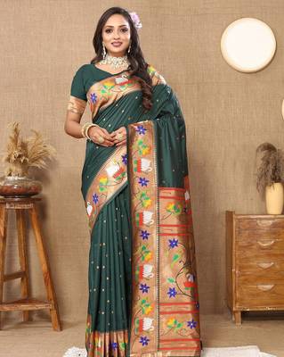 green woven design zari silk blend paithani saree 2