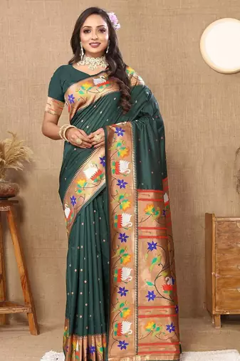green woven design zari silk blend paithani saree