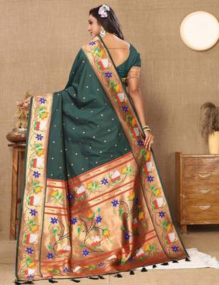 green woven design zari silk blend paithani saree 3