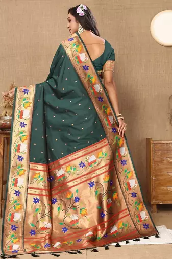 green woven design zari silk blend paithani saree