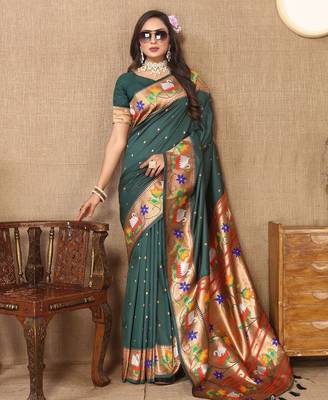 green woven design zari silk blend paithani saree 4