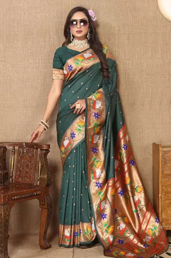 green woven design zari silk blend paithani saree