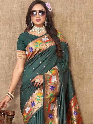 green woven design zari silk blend paithani saree 5