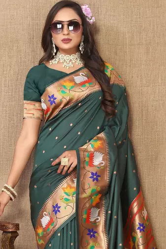 green woven design zari silk blend paithani saree