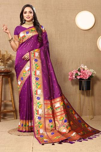 purple woven design zari silk blend paithani saree