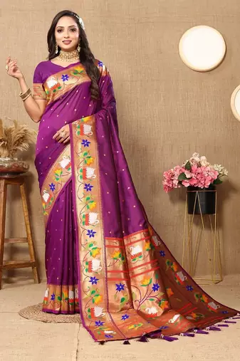 purple woven design zari silk blend paithani saree