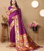 purple woven design zari silk blend paithani saree