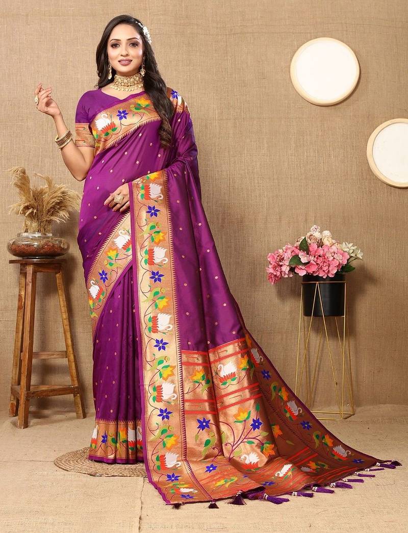 purple woven design zari silk blend paithani saree