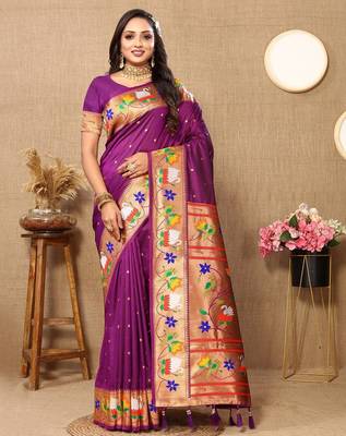 purple woven design zari silk blend paithani saree 2