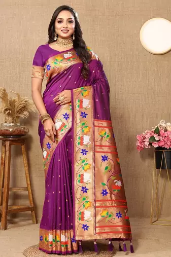 purple woven design zari silk blend paithani saree