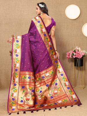 purple woven design zari silk blend paithani saree 3