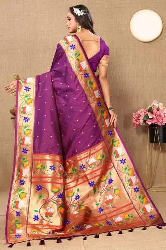 purple woven design zari silk blend paithani saree