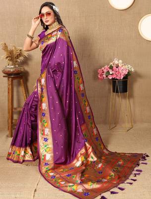 purple woven design zari silk blend paithani saree 4