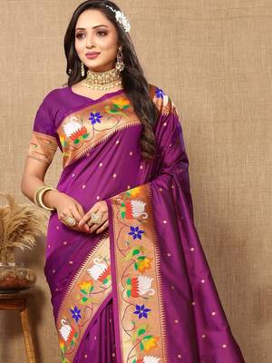 purple woven design zari silk blend paithani saree 5