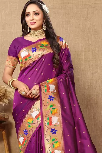 purple woven design zari silk blend paithani saree