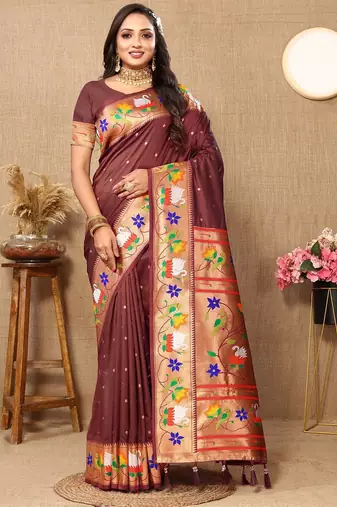 brown woven design zari paithani saree