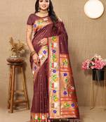 brown woven design zari paithani saree