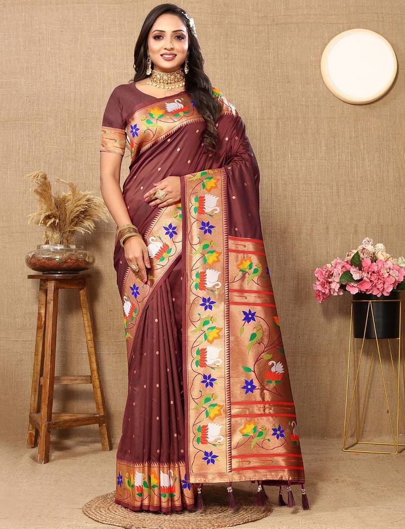 brown woven design zari paithani saree