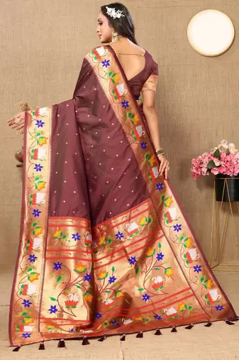 brown woven design zari paithani saree