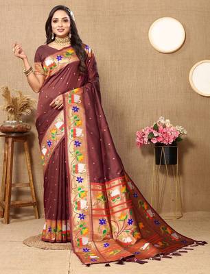brown woven design zari paithani saree 3