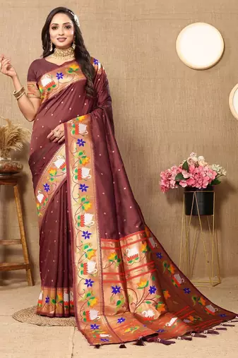 brown woven design zari paithani saree