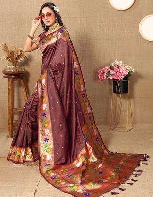 brown woven design zari paithani saree 4