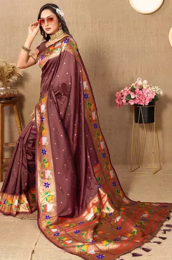 brown woven design zari paithani saree