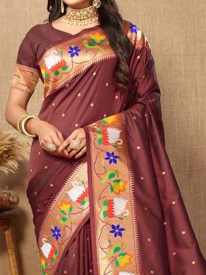 brown woven design zari paithani saree 5