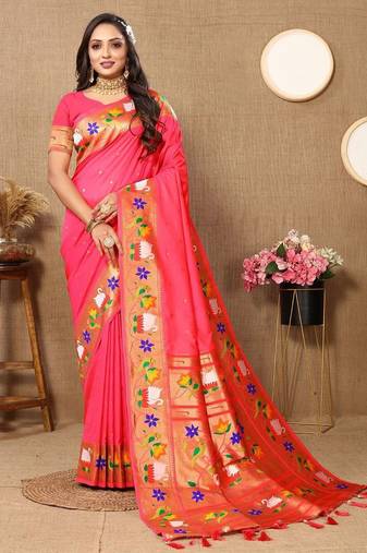 pink woven design zari silk blend paithani saree