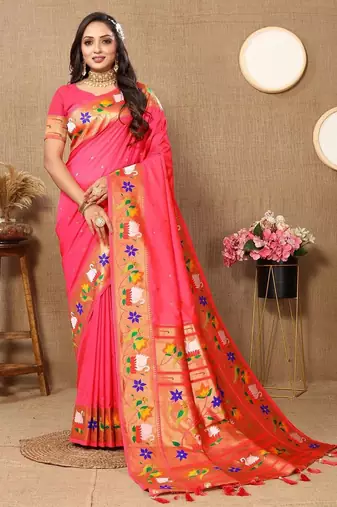 pink woven design zari silk blend paithani saree