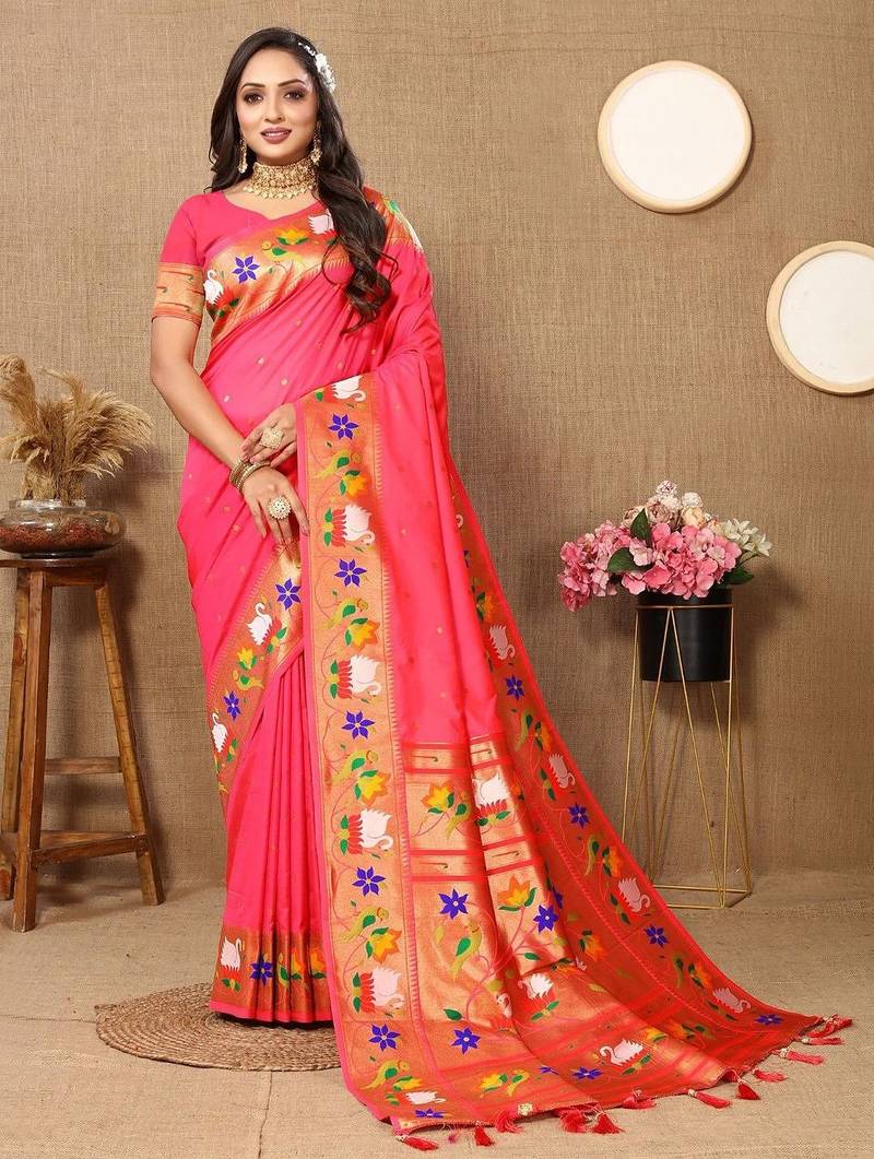 pink woven design zari silk blend paithani saree