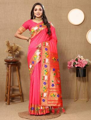 pink woven design zari silk blend paithani saree 2