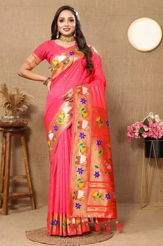 pink woven design zari silk blend paithani saree