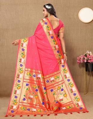 pink woven design zari silk blend paithani saree 3